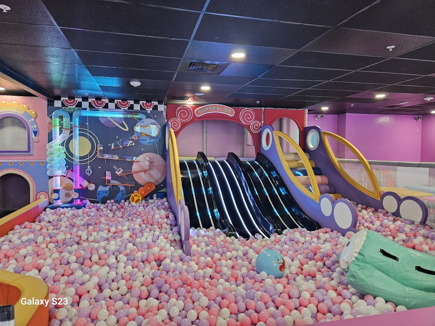 Enchanted play pen with a ball pit and super slide
